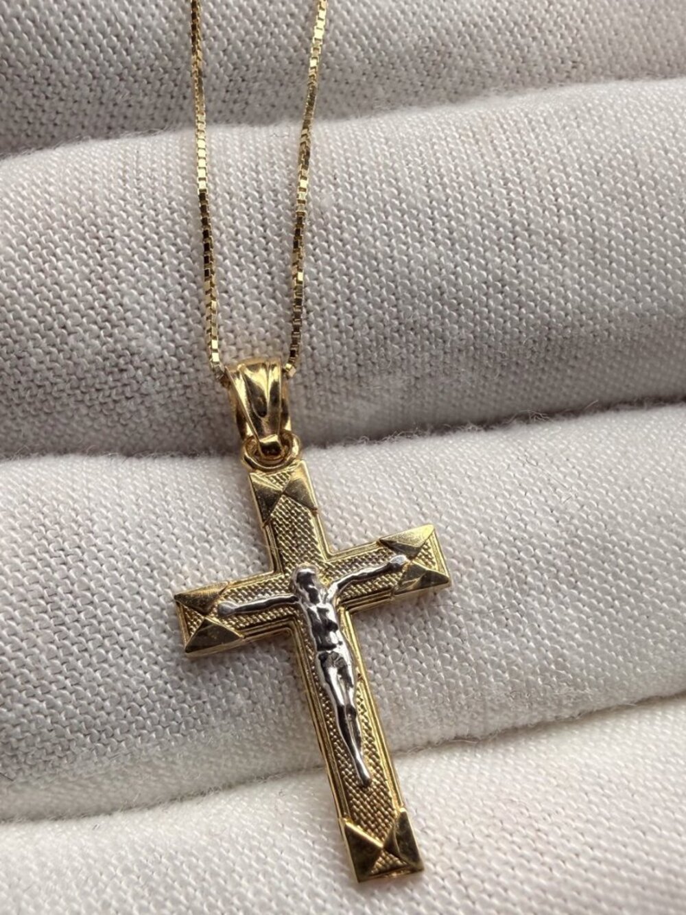 14K Two Tone Gold Crucufix Pendant With 0.8mm Box Chain - 20 inch